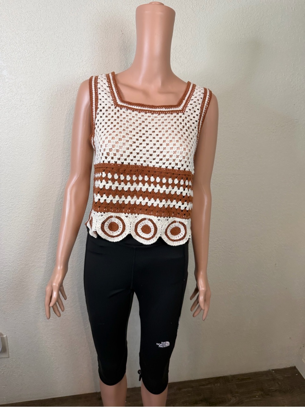 Ultra Pink Crochet Square Neck Tank Top in White and Brown - Picture 2 of 12